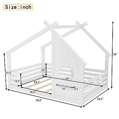 Trikiousd Full Size House Bed Wood Montessori Floor Bed Frame with Window & Shelf