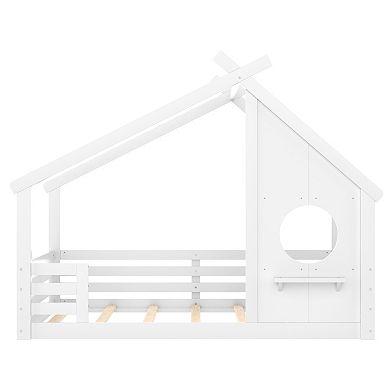 Trikiousd Full Size House Bed Wood Montessori Floor Bed Frame with Window & Shelf