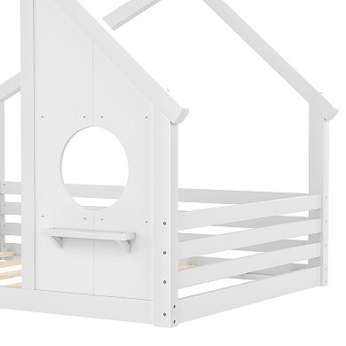 Trikiousd Full Size House Bed Wood Montessori Floor Bed Frame with Window & Shelf