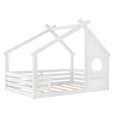 Trikiousd Full Size House Bed Wood Montessori Floor Bed Frame with Window & Shelf