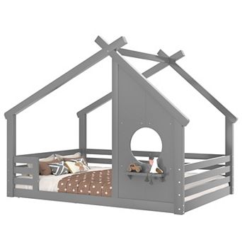 Trikiousd Full Size House Bed Wood Montessori Floor Bed Frame with Window & Shelf