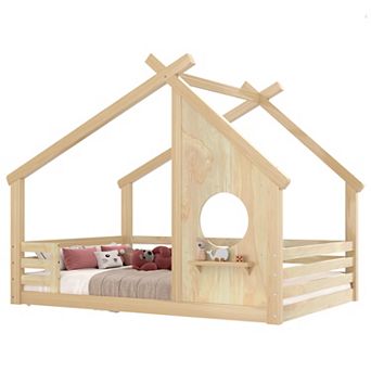 Trikiousd Full Size House Bed Wood Montessori Floor Bed Frame with Window & Shelf