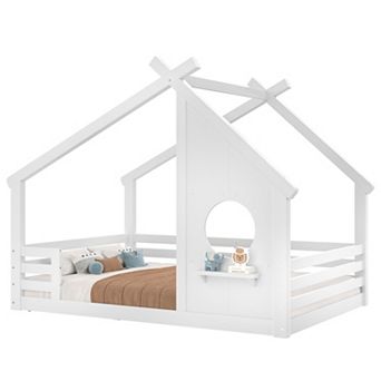 Trikiousd Full Size House Bed Wood Montessori Floor Bed Frame with Window & Shelf