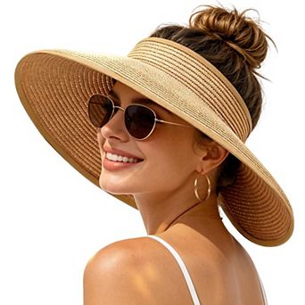 Kaelin Home Womens Straw Visor Sun Hat Foldable Wide Brim Ponytail Beach
