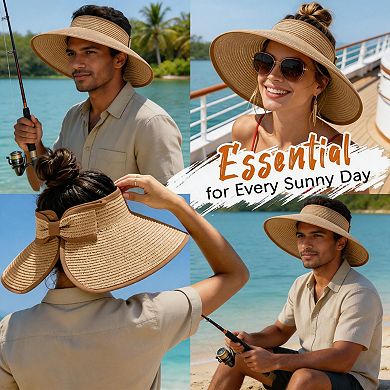 Kaelin Home Womens Straw Visor Sun Hat Foldable Wide Brim Ponytail Beach