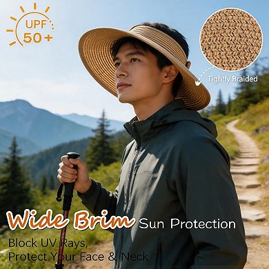 Kaelin Home Womens Straw Visor Sun Hat Foldable Wide Brim Ponytail Beach