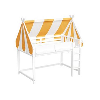 Trikiousd Wood Kids Loft Bed with Ladder, Canopy, LED Lights & Book Shelf