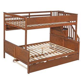 Trikiousd Full XL Over Queen Bunk Bed w/ Storage Shelves & Staircase, LED Wood Bedframe w/ Trundle
