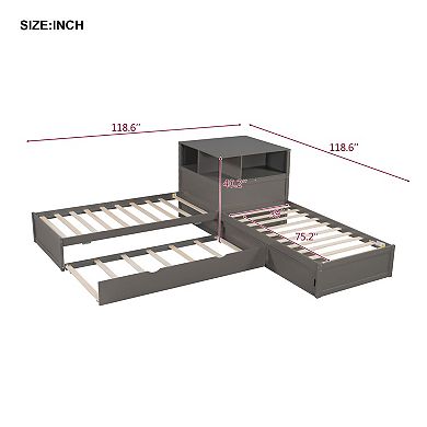 Trikiousd Twin Size L-Shaped Platform Bed Wood Corner Daybed with Trundle, Desk & LED Light
