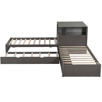 Trikiousd Twin Size L-Shaped Platform Bed Wood Corner Daybed with Trundle, Desk & LED Light