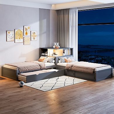 Trikiousd Twin Size L-Shaped Platform Bed Wood Corner Daybed with Trundle, Desk & LED Light