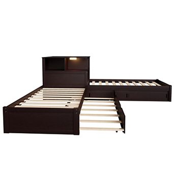 Trikiousd Twin Size L-Shaped Platform Bed Wood Corner Daybed with Trundle, Desk & LED Light