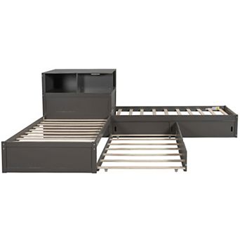 Trikiousd Twin Size L-Shaped Platform Bed Wood Corner Daybed with Trundle, Desk & LED Light