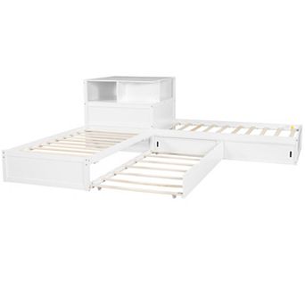 Trikiousd Twin Size L-Shaped Platform Bed Wood Corner Daybed with Trundle, Desk & LED Light