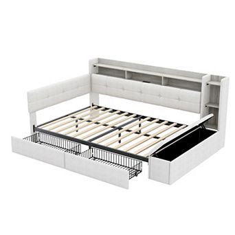 Trikiousd Linen Upholstered Daybed LED Storage Bed Frame w/ Storage Footstool, Drawers & USB Ports