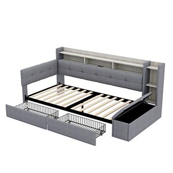 Trikiousd Linen Upholstered Daybed LED Storage Bed Frame w/ Storage Footstool, Drawers & USB Ports