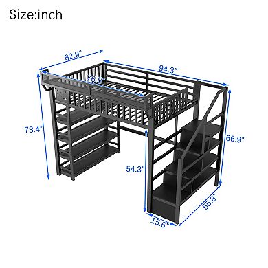 Trikiousd Full Size Metal Loft Bed w/ 4 Storage Shelf, Charging Station & LED Light