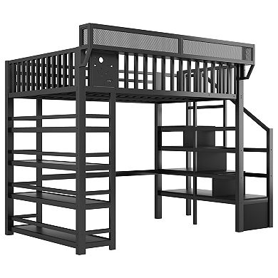 Trikiousd Full Size Metal Loft Bed w/ 4 Storage Shelf, Charging Station & LED Light