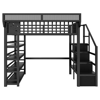Trikiousd Full Size Metal Loft Bed w/ 4 Storage Shelf, Charging Station & LED Light