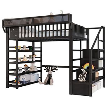 Trikiousd Full Size Metal Loft Bed w/ 4 Storage Shelf, Charging Station & LED Light