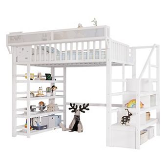 Trikiousd Full Size Metal Loft Bed w/ 4 Storage Shelf, Charging Station & LED Light