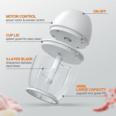 Portable Electric Garlic Chopper, Cordless Mini Food Processor with Stainless Steel Blades