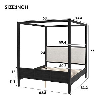 Trikiousd Wooden Canopy Platform Bed with Upholstery Headboard & 4 Posters, No Box Spring Needed