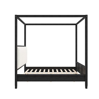 Trikiousd Wooden Canopy Platform Bed with Upholstery Headboard & 4 Posters, No Box Spring Needed