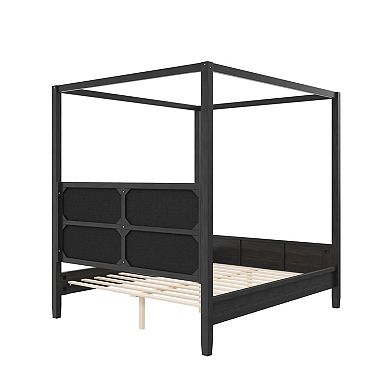 Trikiousd Wooden Canopy Platform Bed with Upholstery Headboard & 4 Posters, No Box Spring Needed
