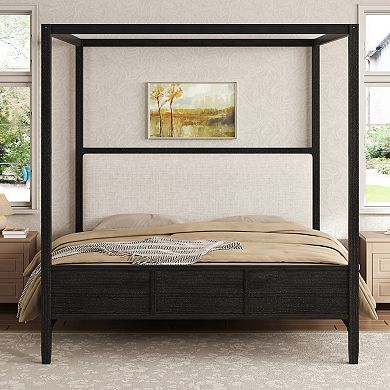Trikiousd Wooden Canopy Platform Bed with Upholstery Headboard & 4 Posters, No Box Spring Needed