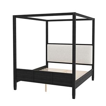 Trikiousd Wooden Canopy Platform Bed with Upholstery Headboard & 4 Posters, No Box Spring Needed