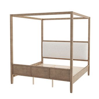 Trikiousd Wooden Canopy Platform Bed with Upholstery Headboard & 4 Posters, No Box Spring Needed