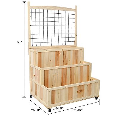 Trikiousd 3 Tier Planter Box Outdoor Wood Raised Garden Bed with Trellis and Wheels