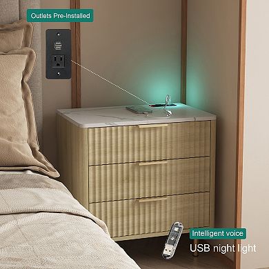 Trikiousd Mid-Century Modern Nightstand 3 Drawers Side Table with Charging Station & USB Night Light