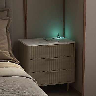 Trikiousd Mid-Century Modern Nightstand 3 Drawers Side Table with Charging Station & USB Night Light