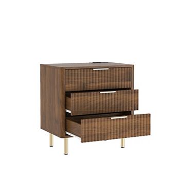 Trikiousd Mid-Century Modern Nightstand 3 Drawers Side Table with Charging Station & USB Night Light