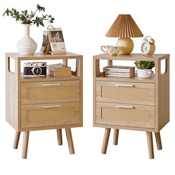 Trikiousd 2 pc Nightstand Set for Bedroom, Boho Storage Bedside Table Set of 2 with Drawers
