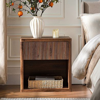 Trikiousd Fluted Nightstand with Charging Station, Mid-Century Modern Floor Standing Bedside Table