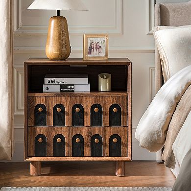 Trikiousd 2 Drawers Nightstand with Charging Station, Curve Mirror Design Bedside Table End Table