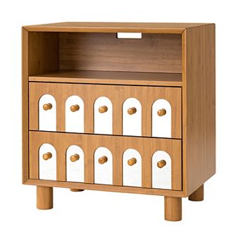 Trikiousd 2 Drawers Nightstand with Charging Station, Curve Mirror Design Bedside Table End Table