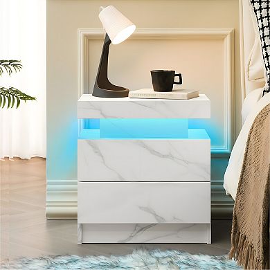 Trikiousd Modern LED Nightstand Bedroom Bedside Table End Side Table with 2 Drawers