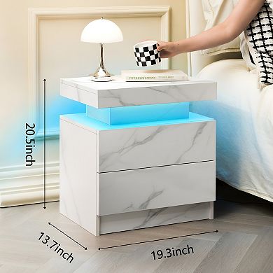 Trikiousd Modern LED Nightstand Bedroom Bedside Table End Side Table with 2 Drawers