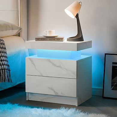 Trikiousd Modern LED Nightstand Bedroom Bedside Table End Side Table with 2 Drawers