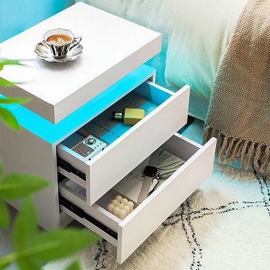 Trikiousd Adjustable LED Lights Nightstand for Bedroom, Morden Bedside Table Side Table w/2 Drawers