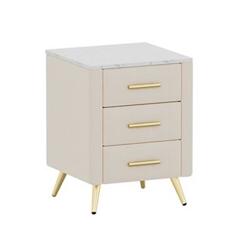 Trikiousd Marbling Worktop Bedside Table Upholstered Nightstand with 3 Drawers