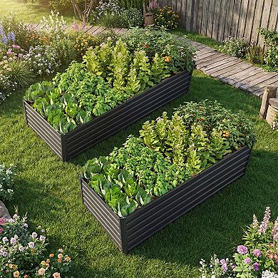 Trikiousd 2 PC Metal Raised Garden Bed Kit Outdoor Planter Boxes Set, Rectangle Vegetable Flower Bed