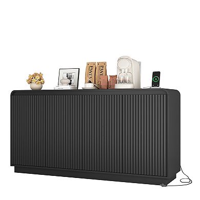 Trikiousd Fluted Sideboard Handleless Wave Design Storage Cabinet TV Console Table with Power Outlet