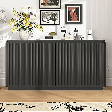 Trikiousd Fluted Sideboard Handleless Wave Design Storage Cabinet TV Console Table with Power Outlet
