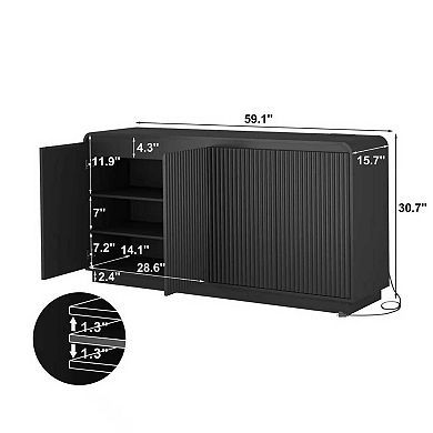 Trikiousd Fluted Sideboard Handleless Wave Design Storage Cabinet TV Console Table with Power Outlet