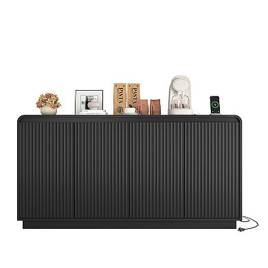 Trikiousd Fluted Sideboard Handleless Wave Design Storage Cabinet TV Console Table with Power Outlet